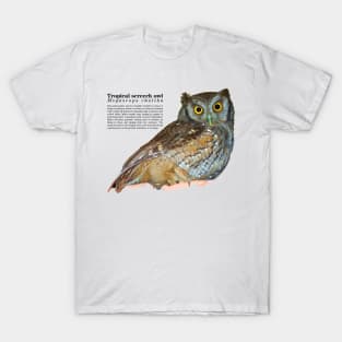 tropical screech owl under a roof black text T-Shirt